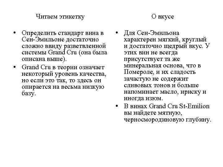 Читаем этикетку О вкусе • Определить стандарт вина в Сен-Эмильоне достаточно сложно ввиду разветвленной