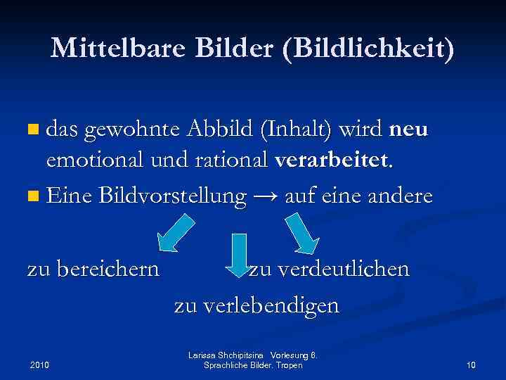 Mittelbare Bilder (Bildlichkeit) n das gewohnte Abbild (Inhalt) wird neu emotional und rational verarbeitet.