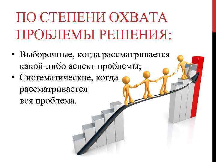 ПО СТЕПЕНИ ОХВАТА ПРОБЛЕМЫ РЕШЕНИЯ: • Выборочные, когда рассматривается какой-либо аспект проблемы; • Систематические,