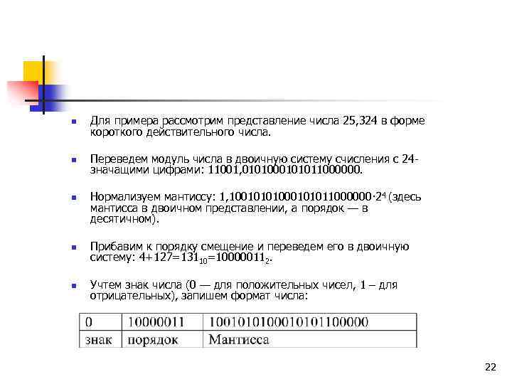 n Для примера рассмотрим представление числа 25, 324 в форме короткого действительного числа. n