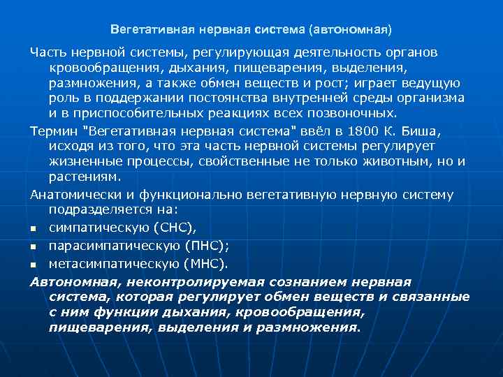 Вегетативная нервная система (автономная) Часть нервной системы, регулирующая деятельность органов кровообращения, дыхания, пищеварения, выделения,