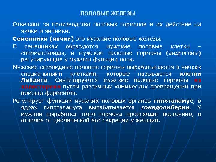 ПОЛОВЫЕ ЖЕЛЕЗЫ Отвечают за производство половых гормонов и их действие на яички и яичники.