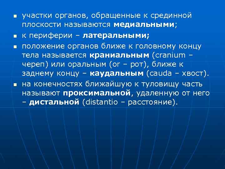 n n участки органов, обращенные к срединной плоскости называются медиальными; к периферии – латеральными;