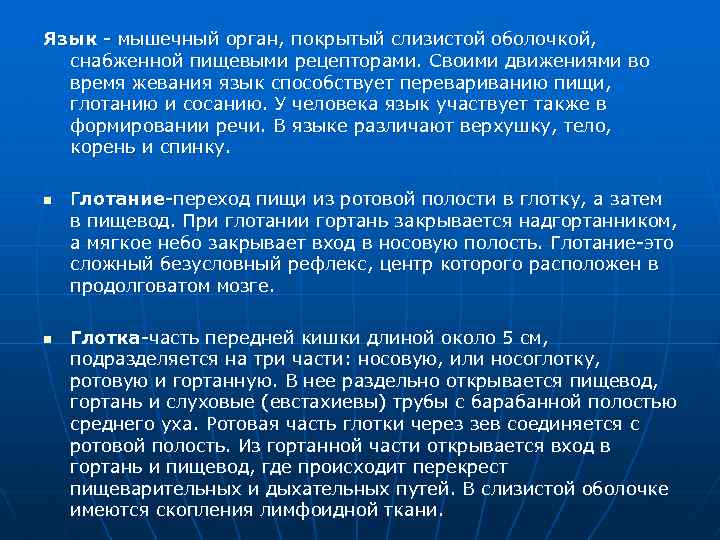 Язык мышечный орган, покрытый слизистой оболочкой, снабженной пищевыми рецепторами. Своими движениями во время жевания
