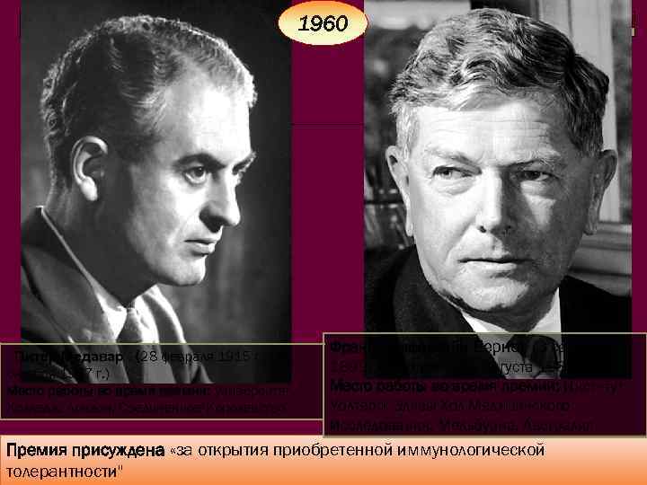 1960 Питер Медавар (28 февраля 1915 г. - 2 октября 1987 г. ) Место