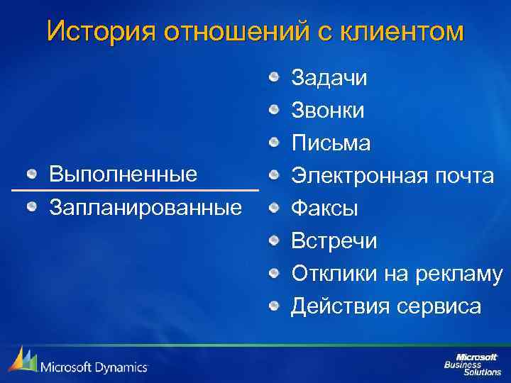 История отношений с клиентом Выполненные Запланированные Задачи Звонки Письма Электронная почта Факсы Встречи Отклики