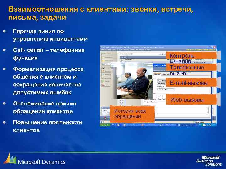 Взаимоотношения с клиентами: звонки, встречи, письма, задачи Горячая линия по управлению инцидентами Call- center