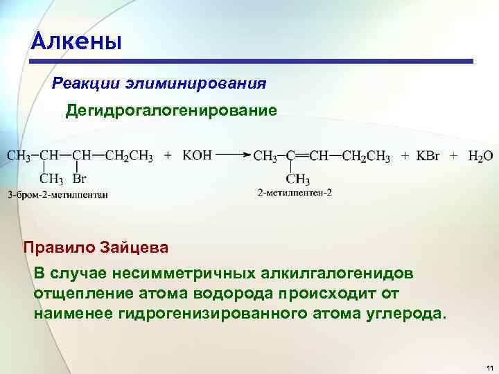 Алкены Реакции элиминирования Дегидрогалогенирование Правило Зайцева В случае несимметричных алкилгалогенидов отщепление атома водорода происходит