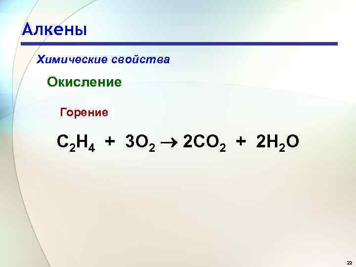 Алкены Химические свойства Окисление Горение C 2 H 4 + 3 O 2 2