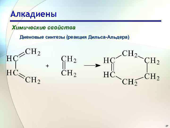 Алкадиены Химические свойства Диеновые синтезы (реакция Дильса-Альдера) 37 