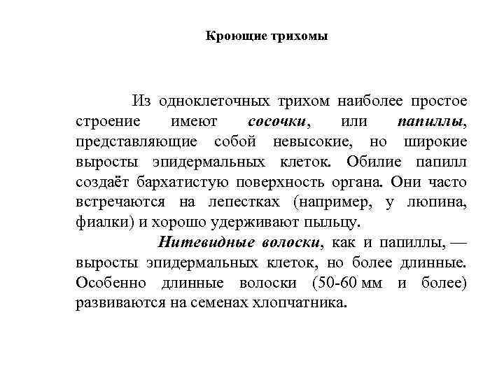 Кроющие трихомы Из одноклеточных трихом наиболее простое строение имеют сосочки, или папиллы, представляющие собой