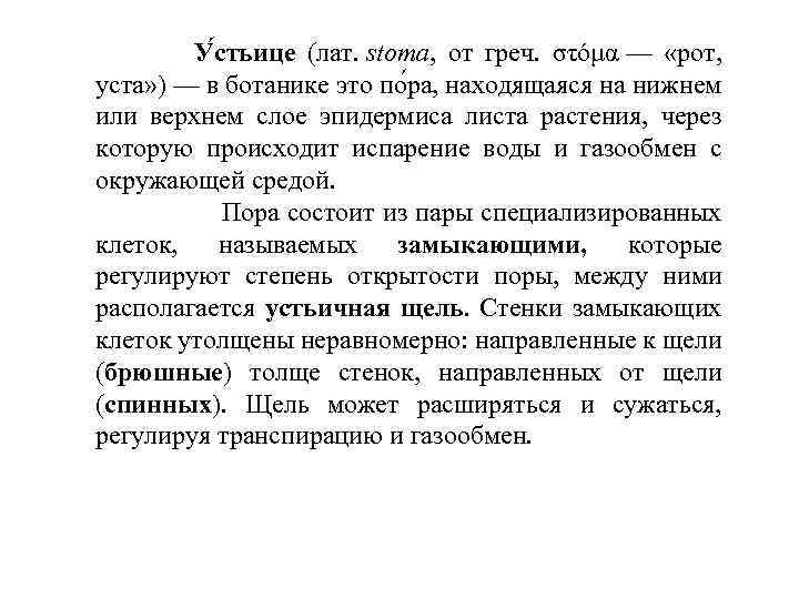 У стьице (лат. stoma, от греч. στόμα — «рот, уста» ) — в ботанике