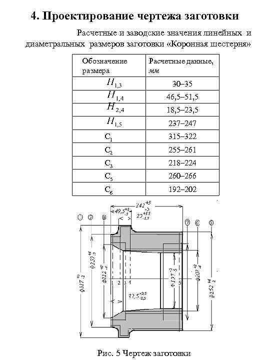 4. Проектирование чертежа заготовки Расчетные и заводские значения линейных и диаметральных размеров заготовки «Коронная