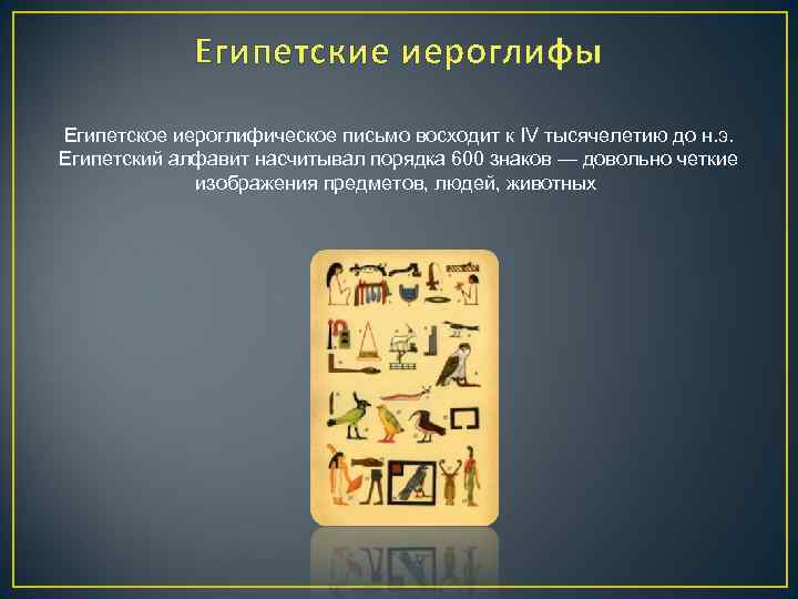 Египетские иероглифы Египетское иероглифическое письмо восходит к IV тысячелетию до н. э. Египетский алфавит