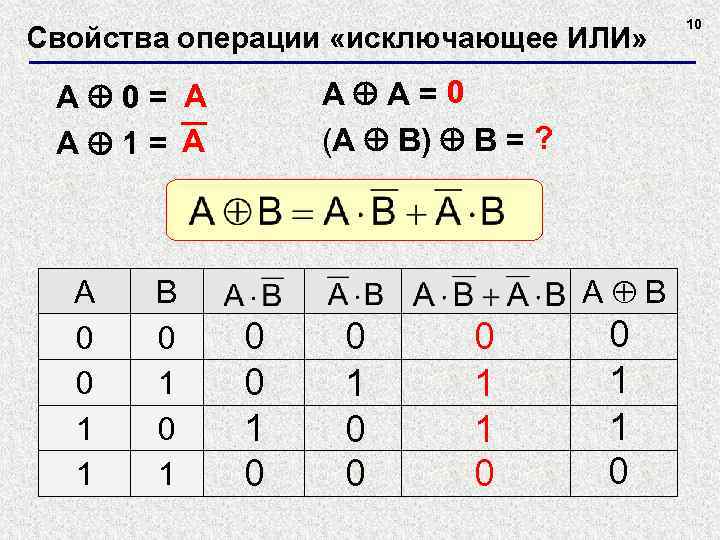 Свойства операции «исключающее ИЛИ» A A=0 (A B) B = ? A 0= A
