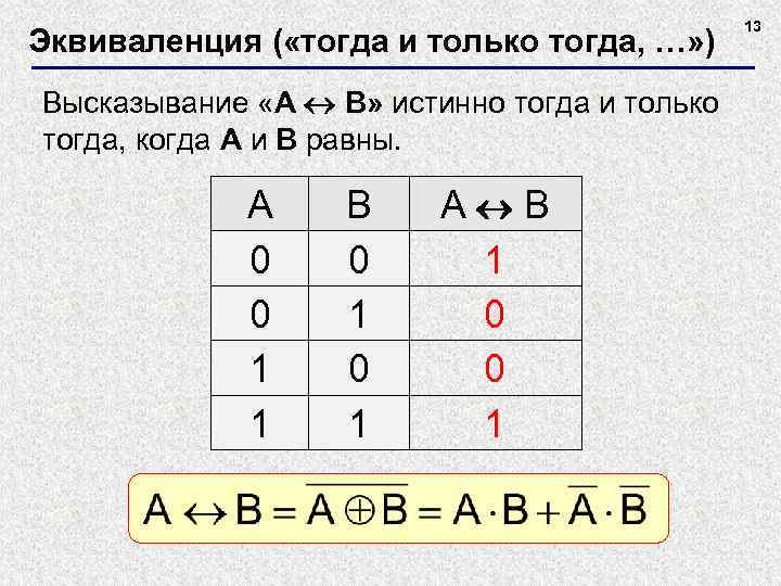 Эквиваленция ( «тогда и только тогда, …» ) Высказывание «A B» истинно тогда и