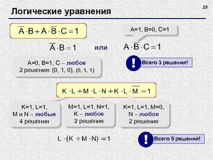 25 Логические уравнения A=1, B=0, C=1 или A=0, B=1, C – любое 2 решения: