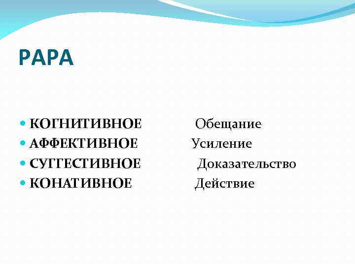 PAPA КОГНИТИВНОЕ Обещание АФФЕКТИВНОЕ Усиление СУГГЕСТИВНОЕ Доказательство КОНАТИВНОЕ Действие 