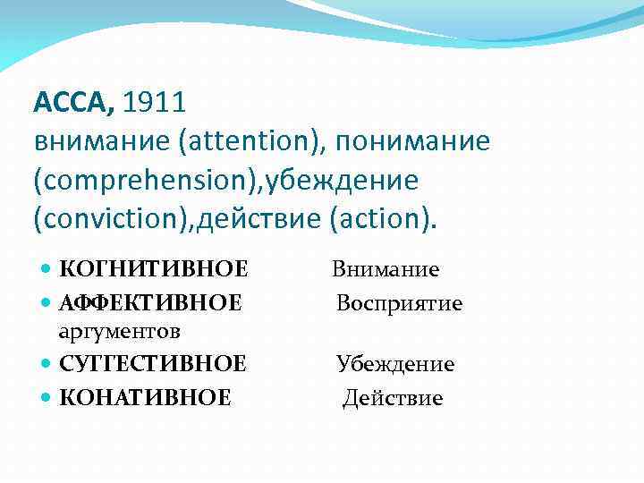 АCCА, 1911 внимание (attention), понимание (comprehension), убеждение (conviction), действие (action). КОГНИТИВНОЕ Внимание АФФЕКТИВНОЕ Восприятие