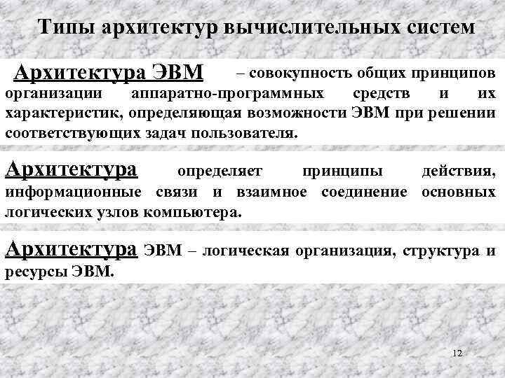 Типы архитектур вычислительных систем Архитектура ЭВМ – совокупность общих принципов организации аппаратно-программных средств и