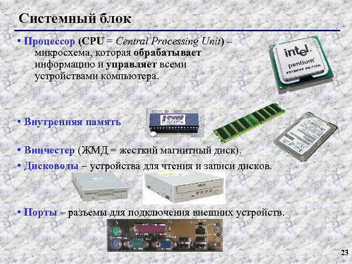 Системный блок • Процессор (CPU = Central Processing Unit) – микросхема, которая обрабатывает информацию