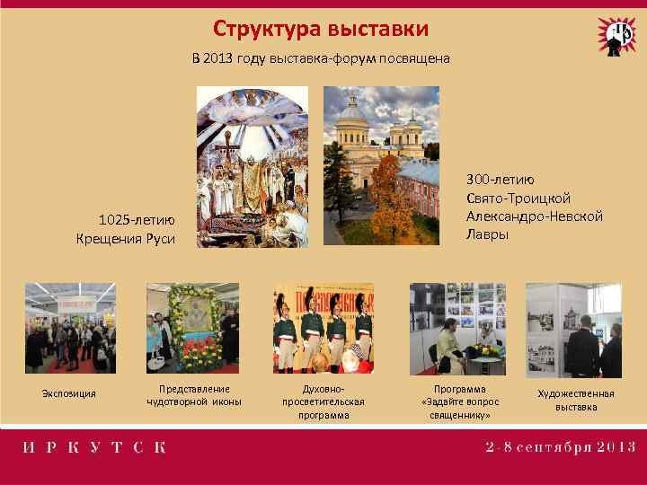 Структура выставки В 2013 году выставка-форум посвящена 300 -летию Свято-Троицкой Александро-Невской Лавры 1025 -летию