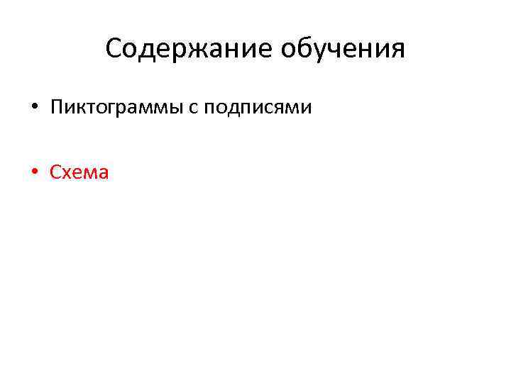 Содержание обучения • Пиктограммы с подписями • Схема 