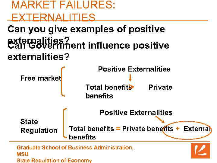 MARKET FAILURES: EXTERNALITIES Can you give examples of positive externalities? Can Government influence positive