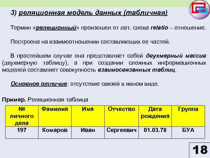 3) реляционная модель данных (табличная) Термин «реляционный» произошел от лат. слова relatio – отношение.