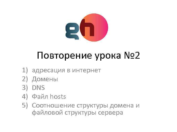 Повторение урока № 2 1) 2) 3) 4) 5) адресация в интернет Домены DNS