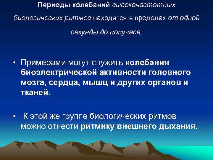 Периоды колебаний высокочастотных биологических ритмов находятся в пределах от одной секунды до получаса. •