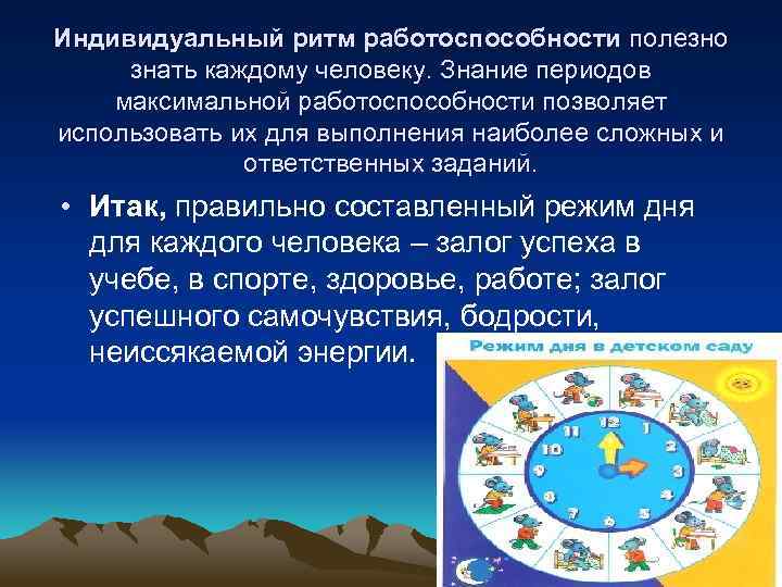 Индивидуальный ритм работоспособности полезно знать каждому человеку. Знание периодов максимальной работоспособности позволяет использовать их