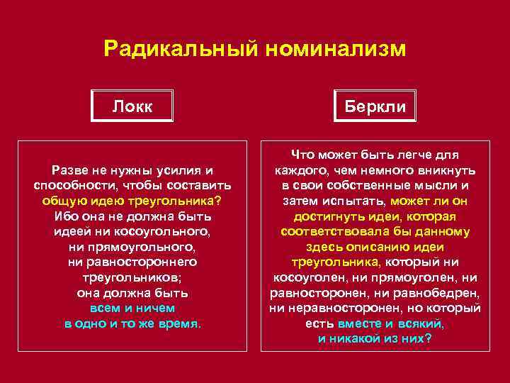 Радикальный номинализм Локк Беркли Разве не нужны усилия и способности, чтобы составить общую идею