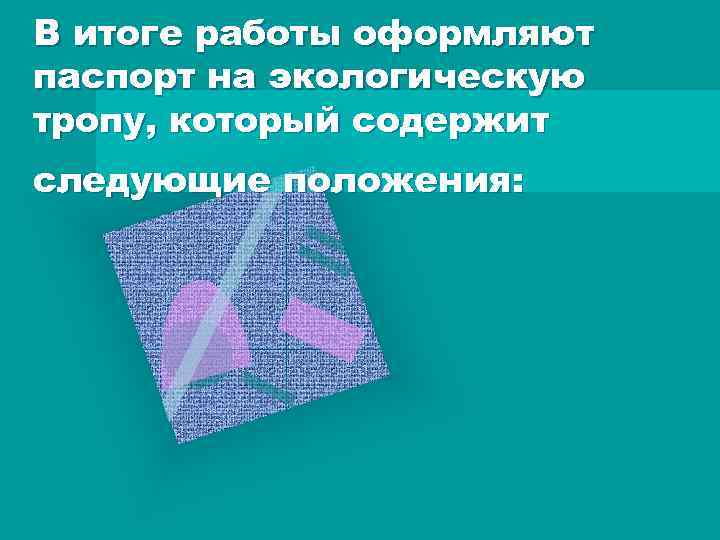 В итоге работы оформляют паспорт на экологическую тропу, который содержит следующие положения: 