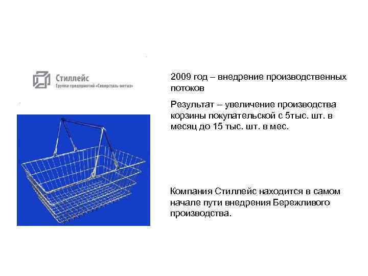 2009 год – внедрение производственных потоков Результат – увеличение производства корзины покупательской с 5