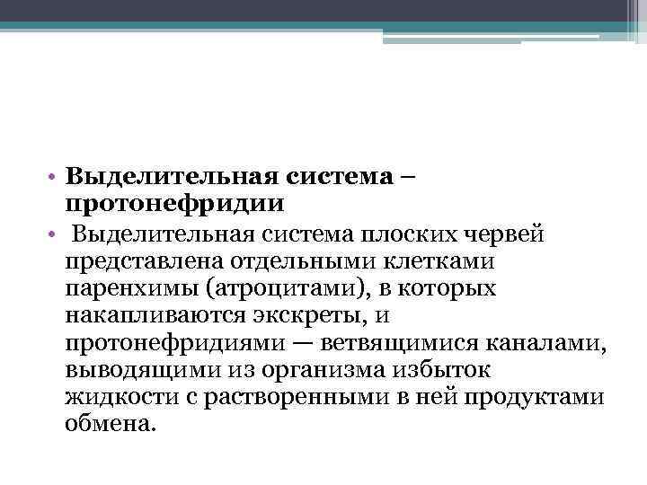  • Выделительная система – протонефридии • Выделительная система плоских червей представлена отдельными клетками