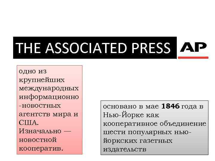 THE ASSOCIATED PRESS одно из крупнейших международных информационно -новостных агентств мира и США. Изначально