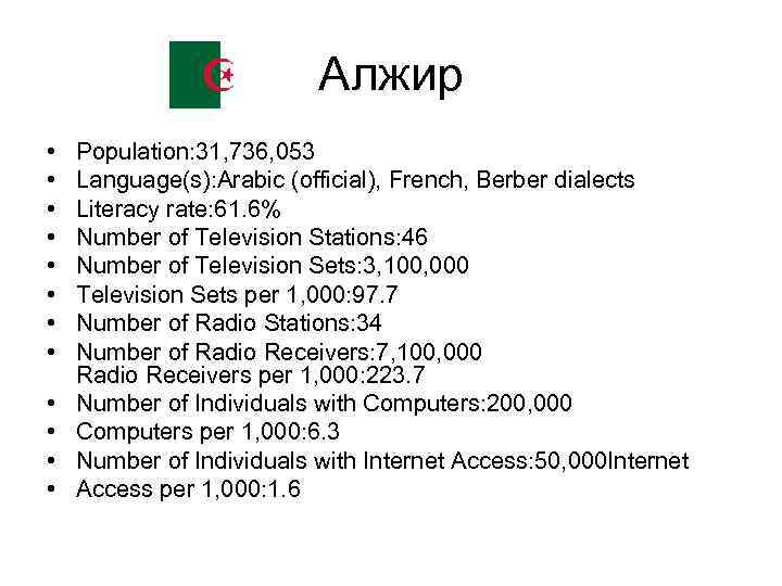 Алжир • • • Population: 31, 736, 053 Language(s): Arabic (official), French, Berber dialects