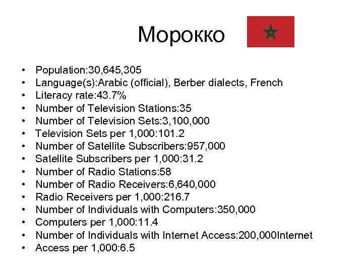 Морокко • • • • Population: 30, 645, 305 Language(s): Arabic (official), Berber dialects,