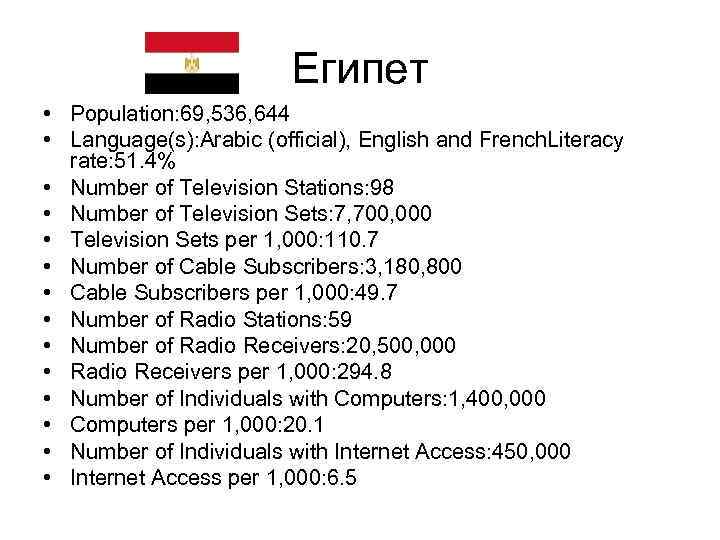 Египет • Population: 69, 536, 644 • Language(s): Arabic (official), English and French. Literacy