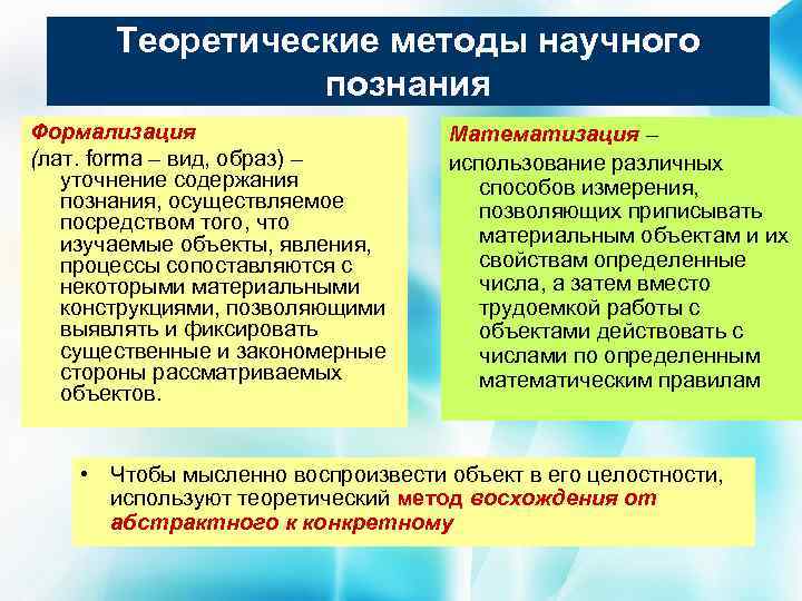 Теоретические методы научного познания Формализация (лат. forma – вид, образ) – уточнение содержания познания,