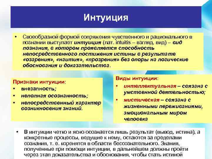 Интуиция • Своеобразной формой сопряжения чувственного и рационального в познании выступает интуиция (лат. intuitis