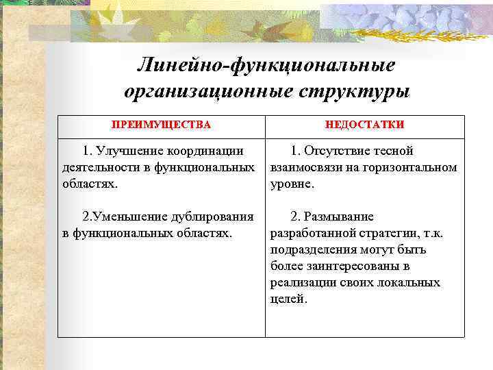 Линейно-функциональные организационные структуры ПРЕИМУЩЕСТВА НЕДОСТАТКИ 1. Улучшение координации деятельности в функциональных областях. 1. Отсутствие