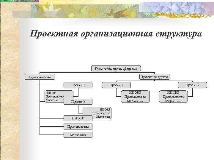 Проектная организационная структура Руководитель фирмы Проектная группа Группа развития Проект 1 НИОКР Производство Маркетинг