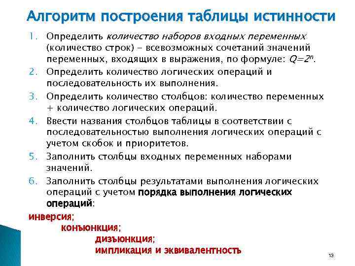 Алгоритм построения таблицы истинности 1. Определить количество наборов входных переменных (количество строк) - всевозможных