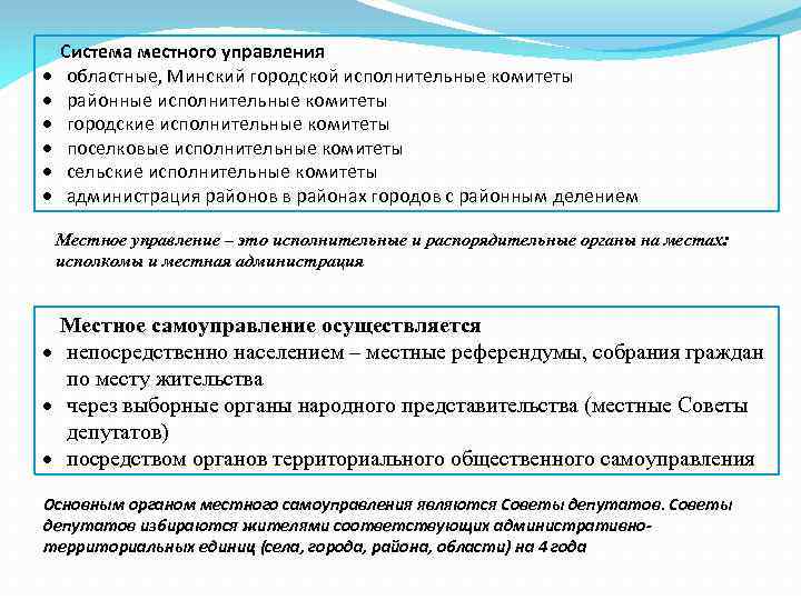  Система местного управления областные, Минский городской исполнительные комитеты районные исполнительные комитеты городские исполнительные