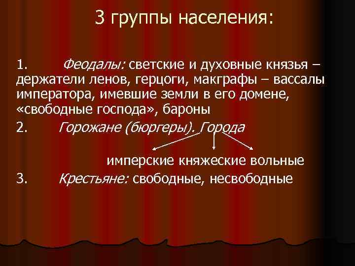 3 группы населения: 1. Феодалы: светские и духовные князья – держатели ленов, герцоги, макграфы