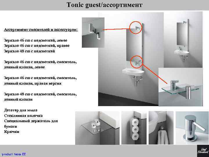Tonic guest/ассортимент Ассортимент смесителей и аксессуаров: Зеркало 46 cm с подсветкой, левое Зеркало 46