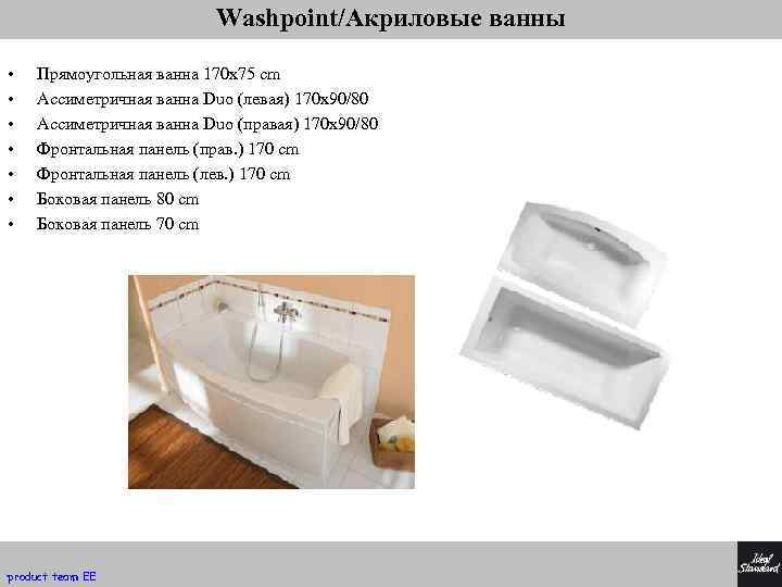 Washpoint/Акриловые ванны • • Прямоугольная ванна 170 x 75 cm Ассиметричная ванна Duo (левая)