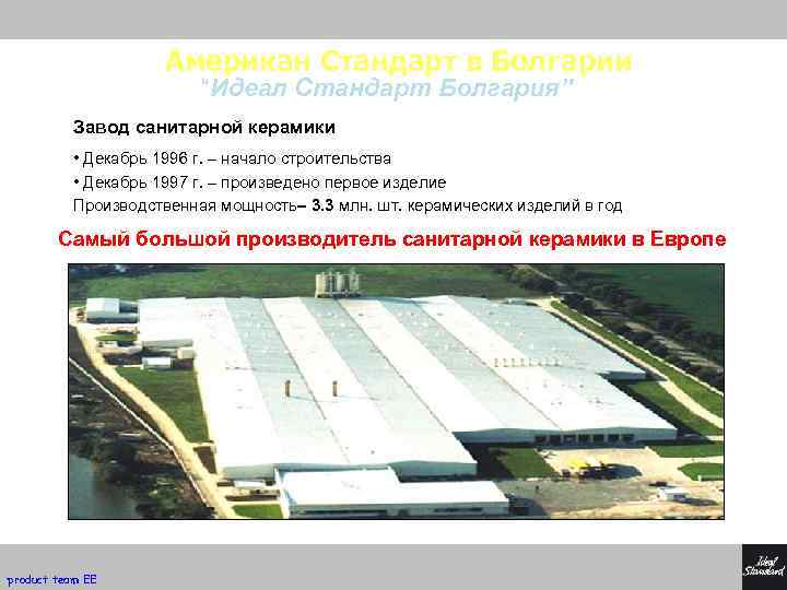 Американ Стандарт в Болгарии “Идеал Стандарт Болгария” Завод санитарной керамики • Декабрь 1996 г.